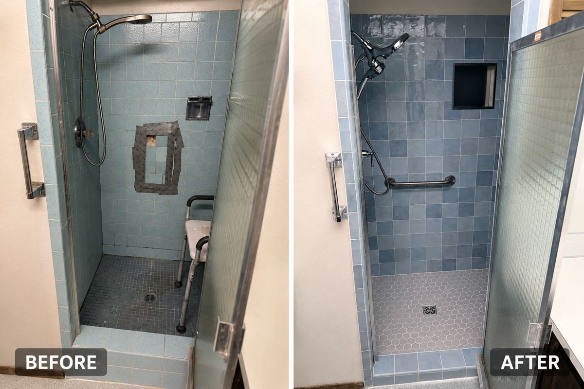Before and after: shower rebuilt with blue tile and a niche