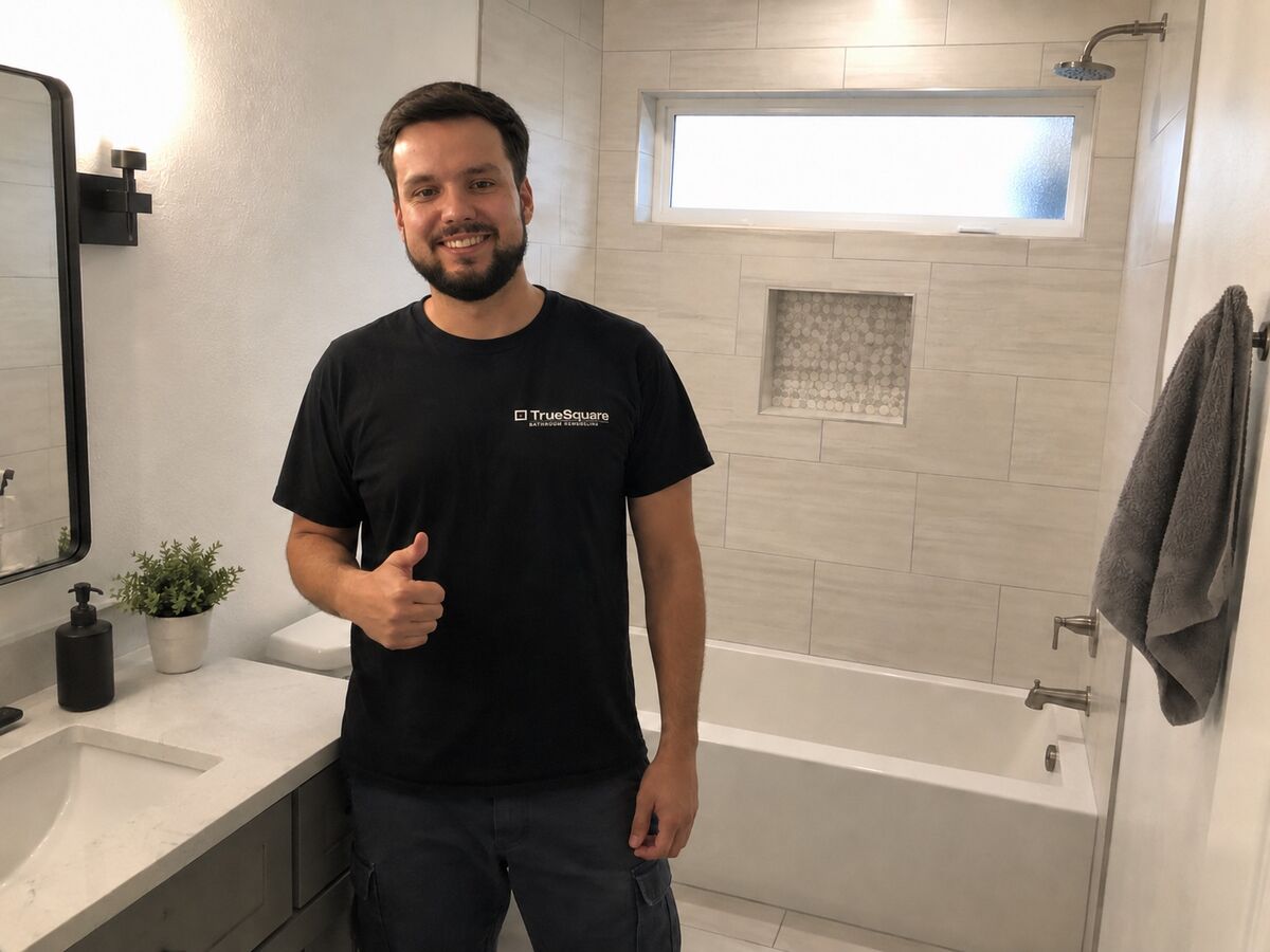 Serhii, owner of TrueSquare Remodel, in a finished bathroom